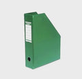 Green upright magazine and document holder with spine label and finger pull