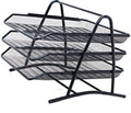 Black three-tier metal mesh office document tray