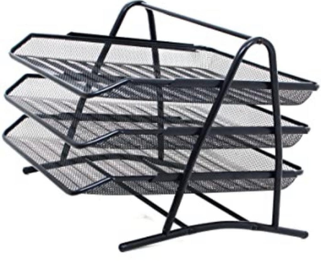 Black three-tier metal mesh office document tray
