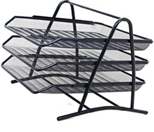 Black three-tier metal mesh office document tray