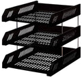 Black three-tier plastic in and out office document tray