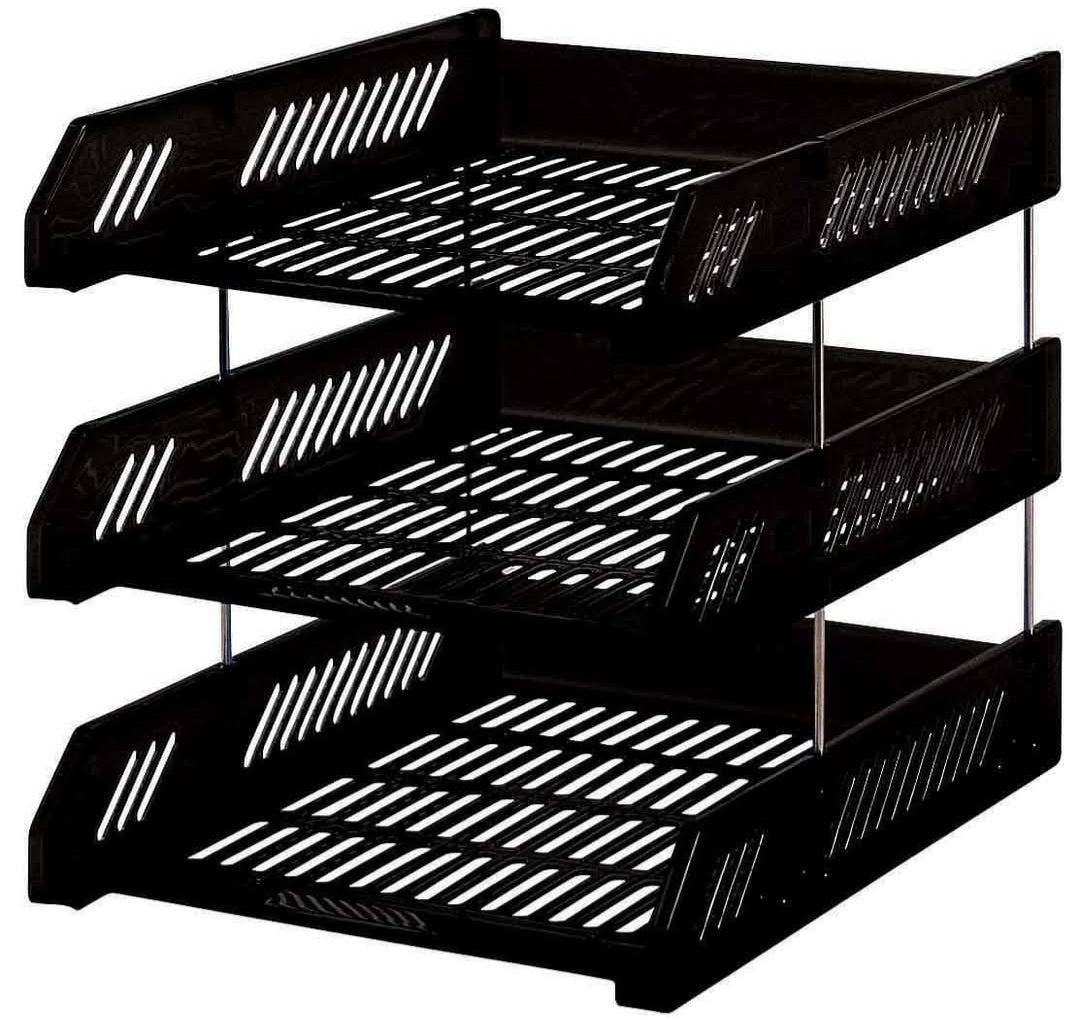 Black three-tier plastic in and out office document tray