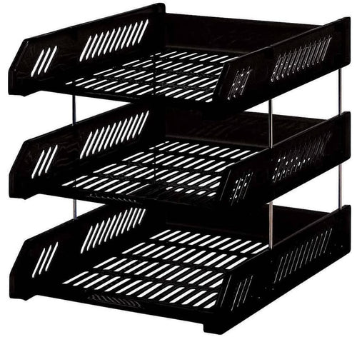 Black three-tier plastic in and out office document tray