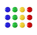 Twelve round whiteboard magnets in blue, green, yellow, and red