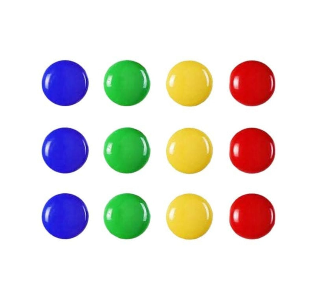 Twelve round whiteboard magnets in blue, green, yellow, and red